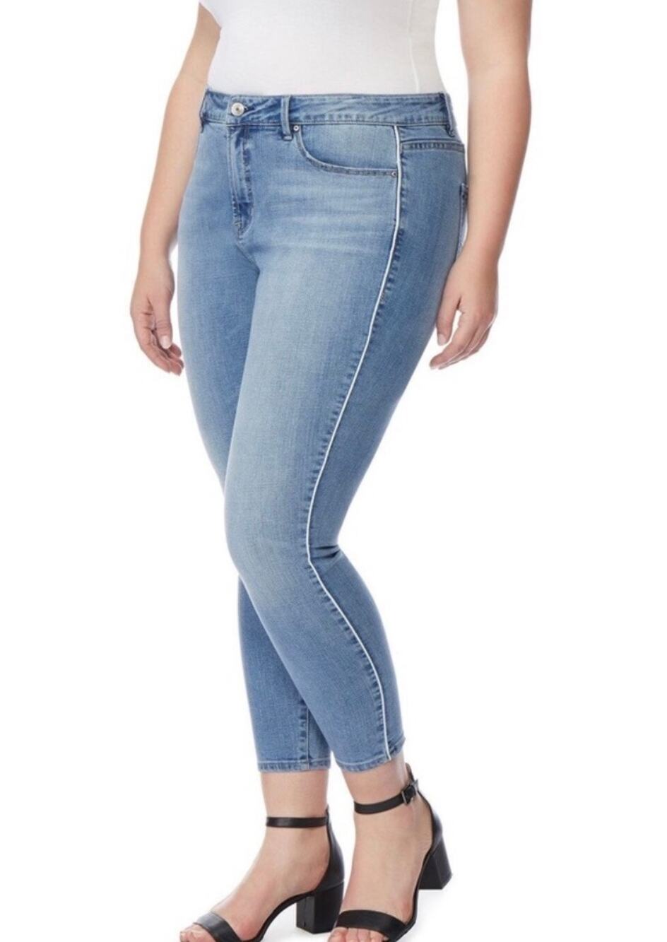 Rebel Wilson x Angels The Pin Up Crop Jeans Women 24W Blue Side Stripe Skinny